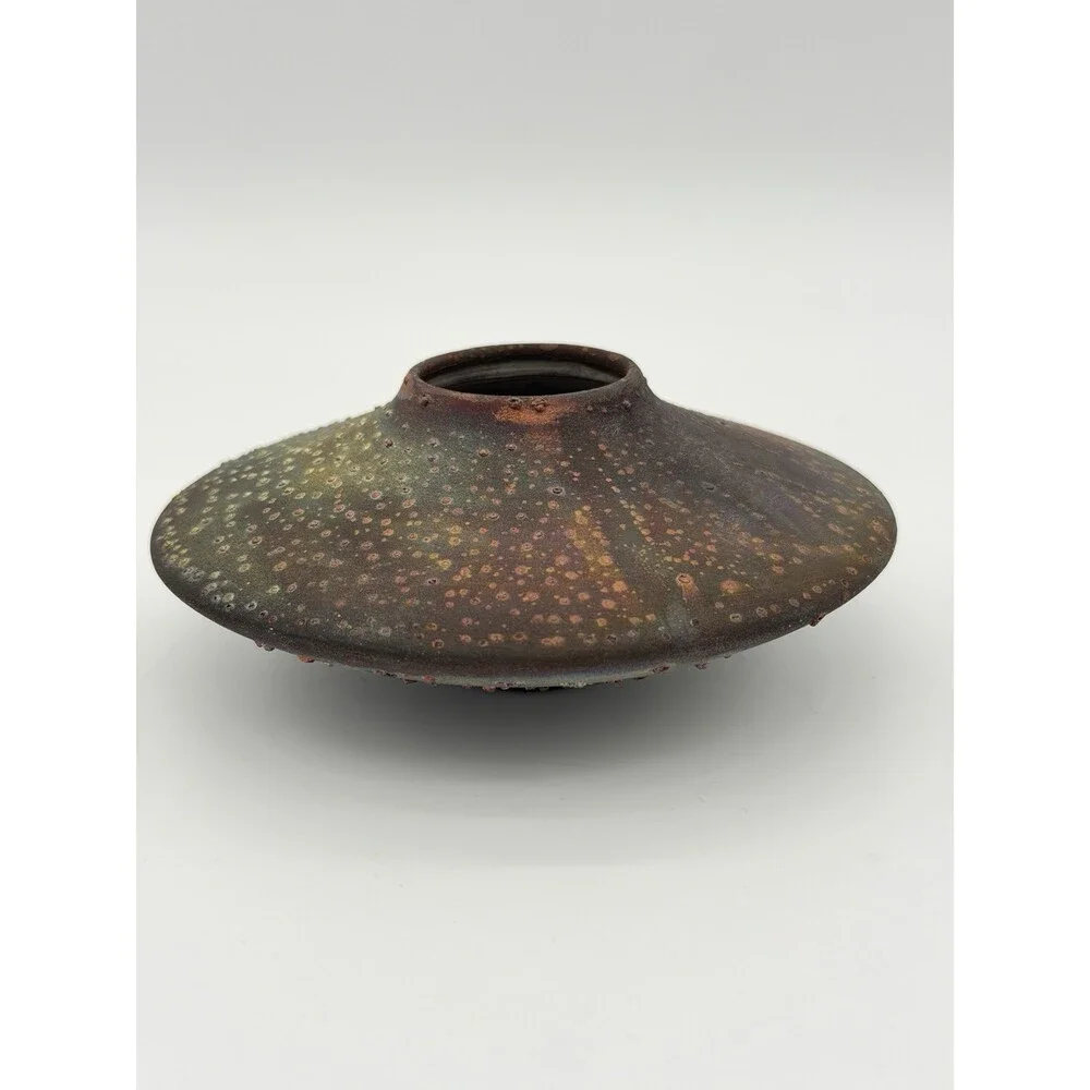 Rare Norman Bacon Raku Glazed Squat Form Studio Art Pottery 2”x5” Vase Signed